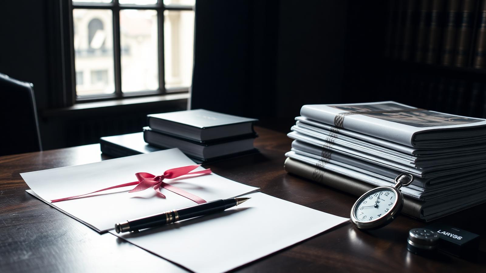 Barrister's desk with a brief tied in pink ribbon, fountain pen and stopwatch