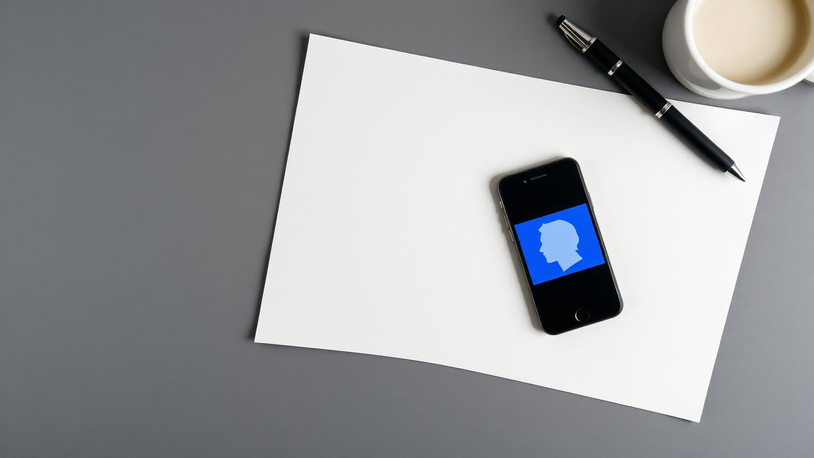 A professional desk with a document, phone showing a profile silhouette, pen and coffee cup