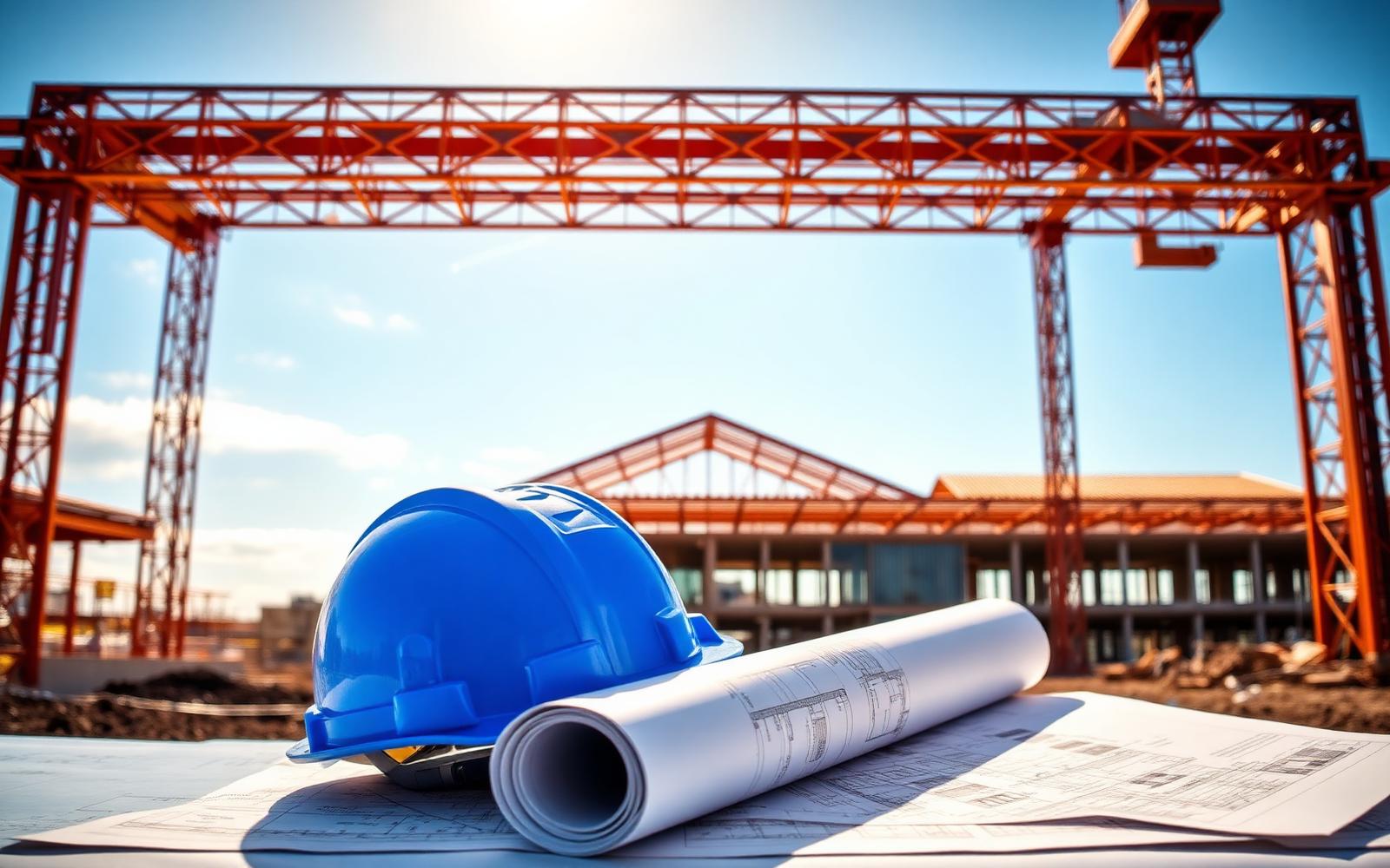 UK construction site with steel frame, hard hat and architectural drawings illustrating construction dispute resolution