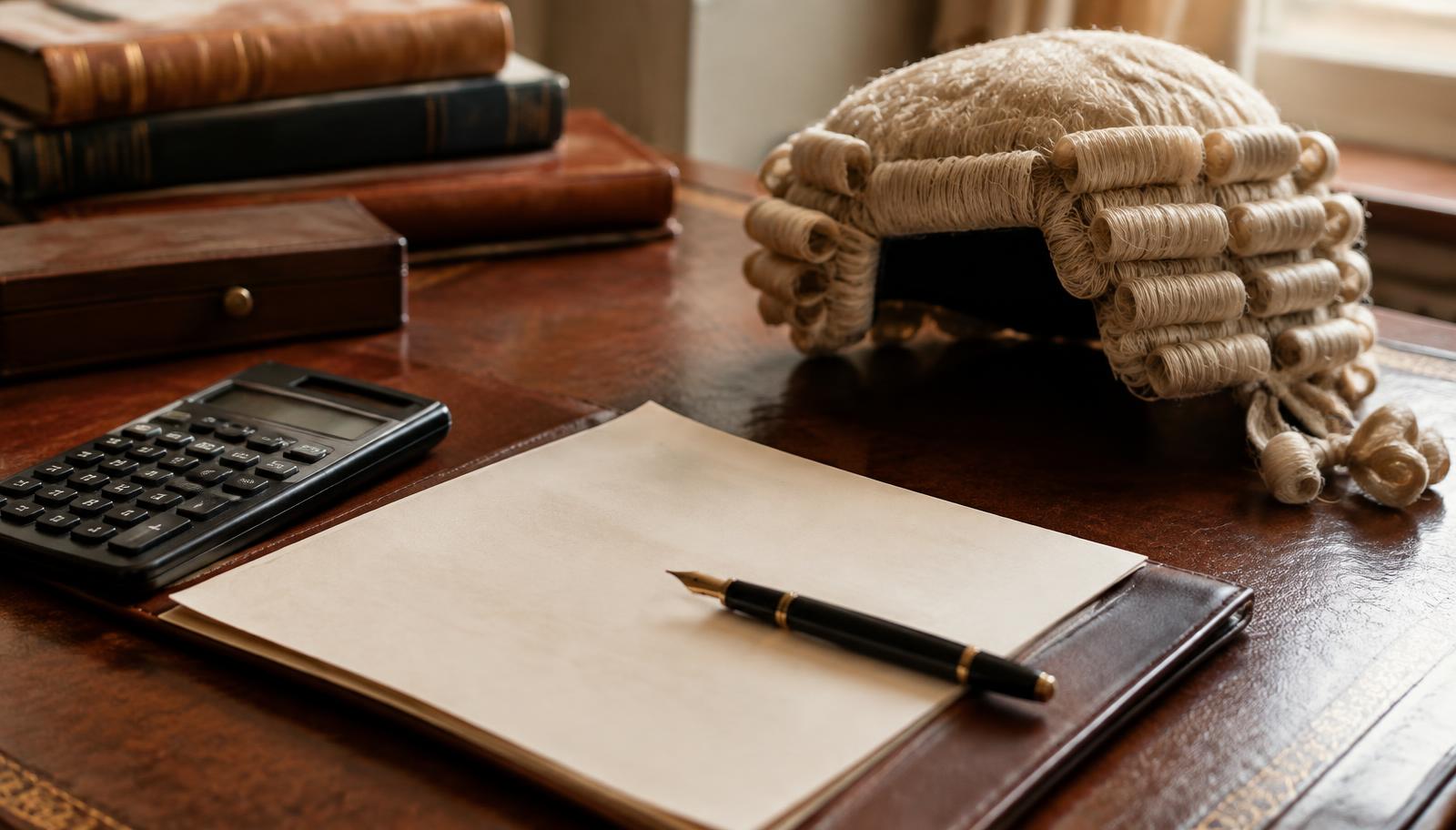 A calculator, fee letter and barrister's wig on a desk