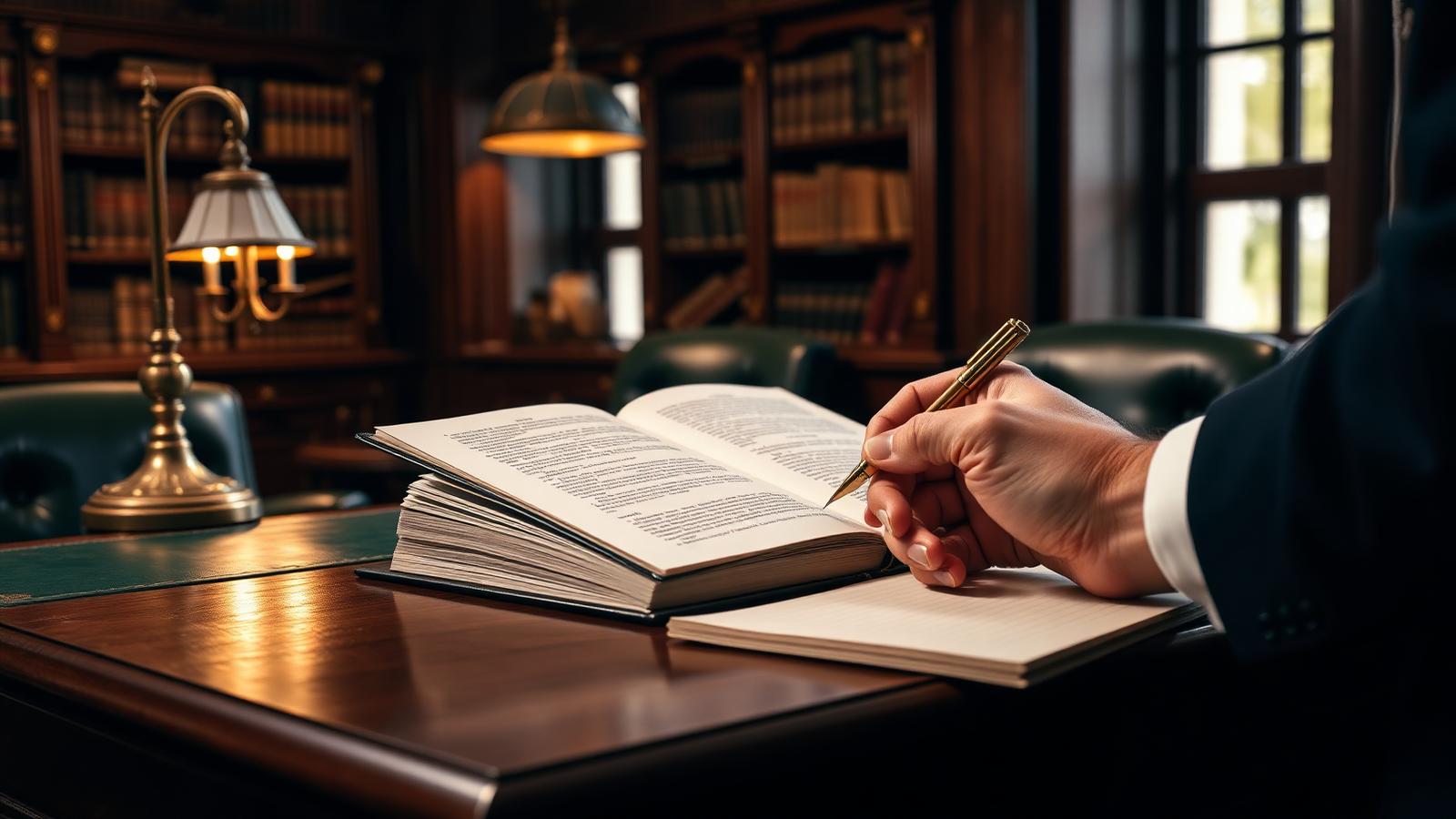 Barrister studying in a traditional law library with leather chairs and brass lamps