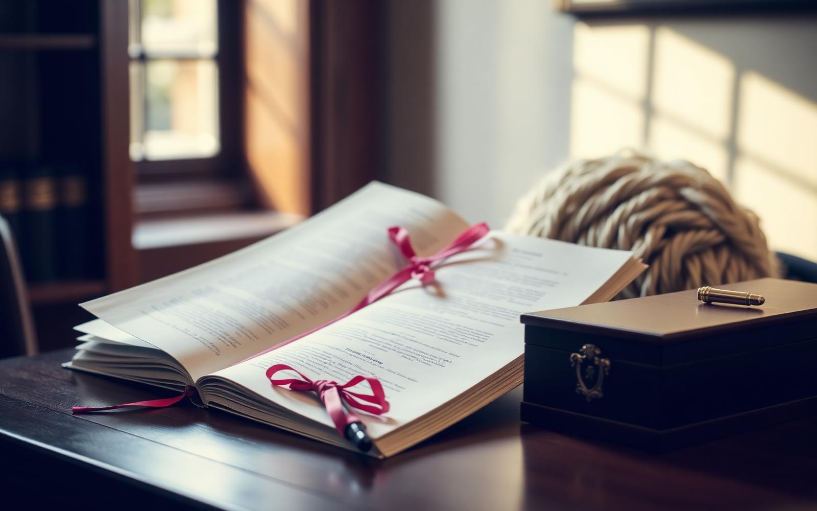 Open legal brief tied with pink ribbon beside a barrister's wig box and fountain pen on a chambers desk