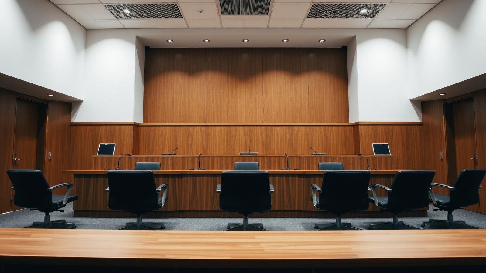 Empty employment tribunal hearing room with panel bench and three chairs