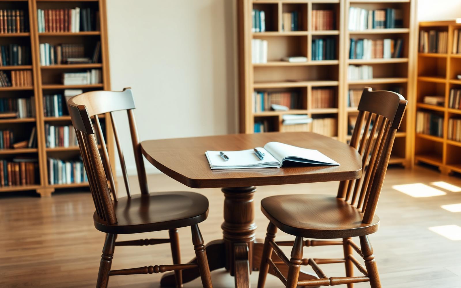 Two wooden chairs at an oak table in a quiet, book-lined room representing a family law consultation setting