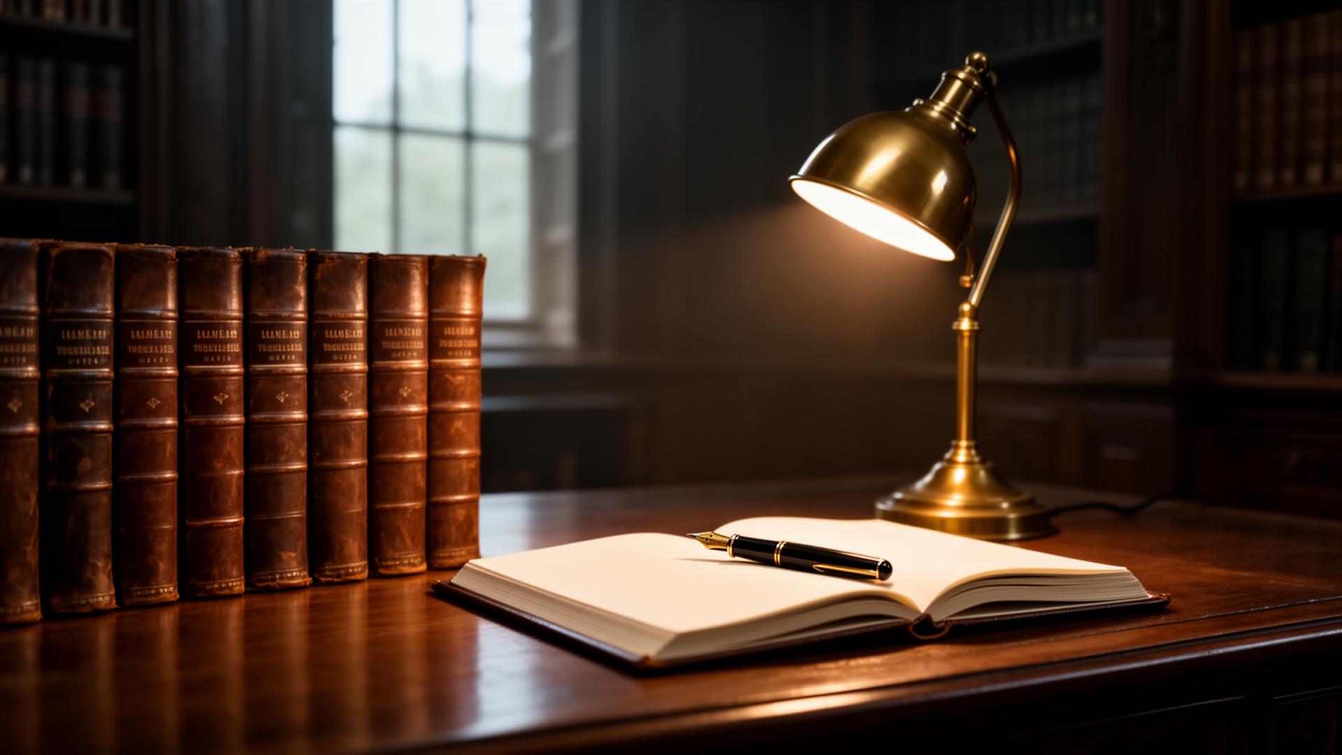 A barrister's desk lit by a brass lamp, leather-bound law reports and an open notebook