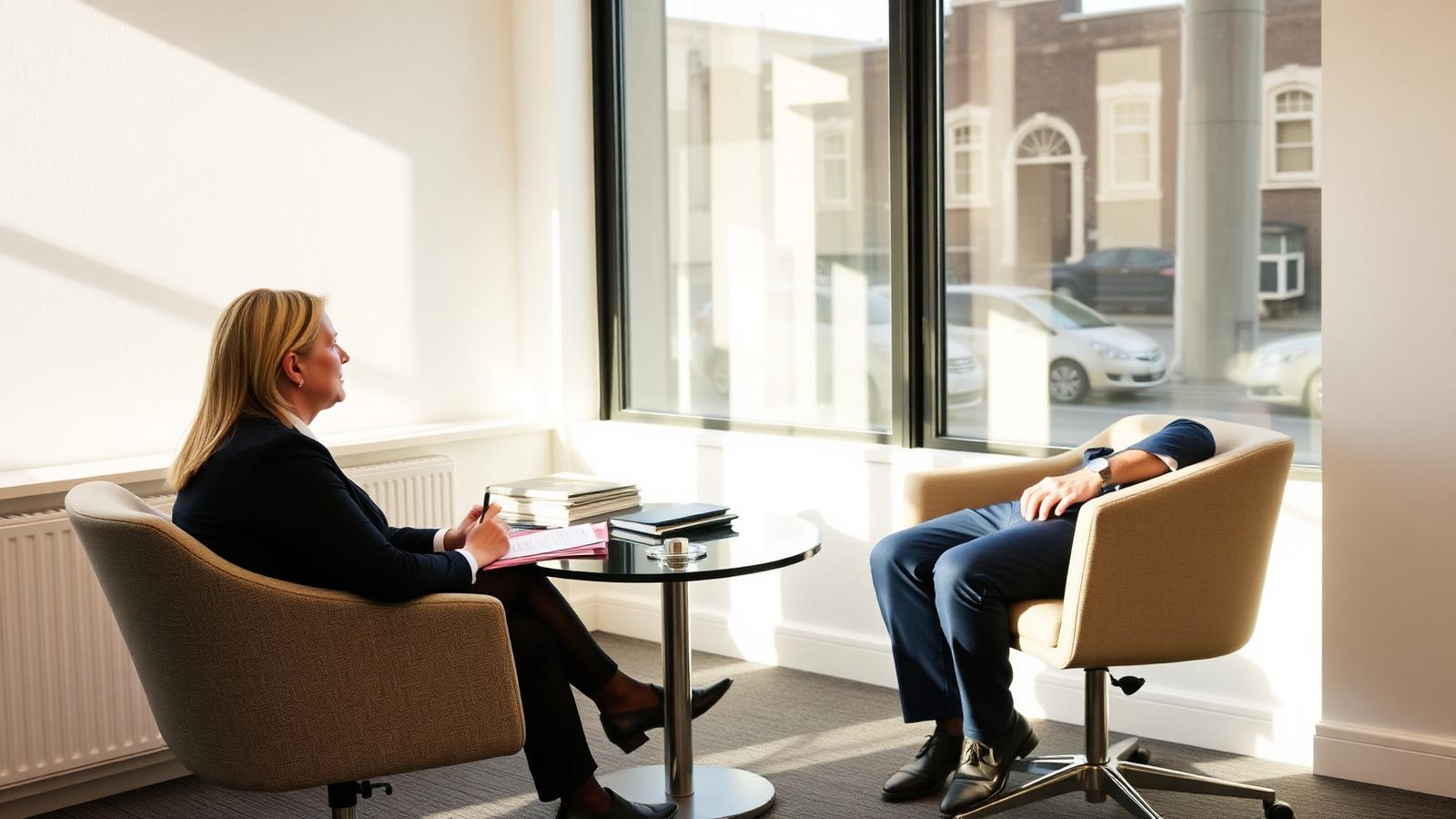 Client and barrister in conversation in a bright consultation room with papers on a table