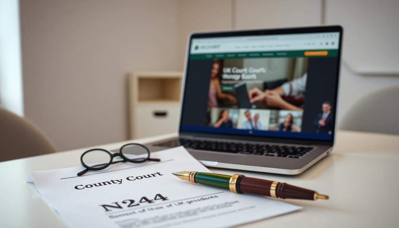 County Court Form N244 on a desk with a fountain pen and laptop showing the UK courts website