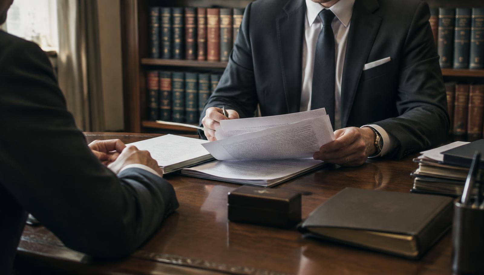 A client and barrister reviewing papers at a desk