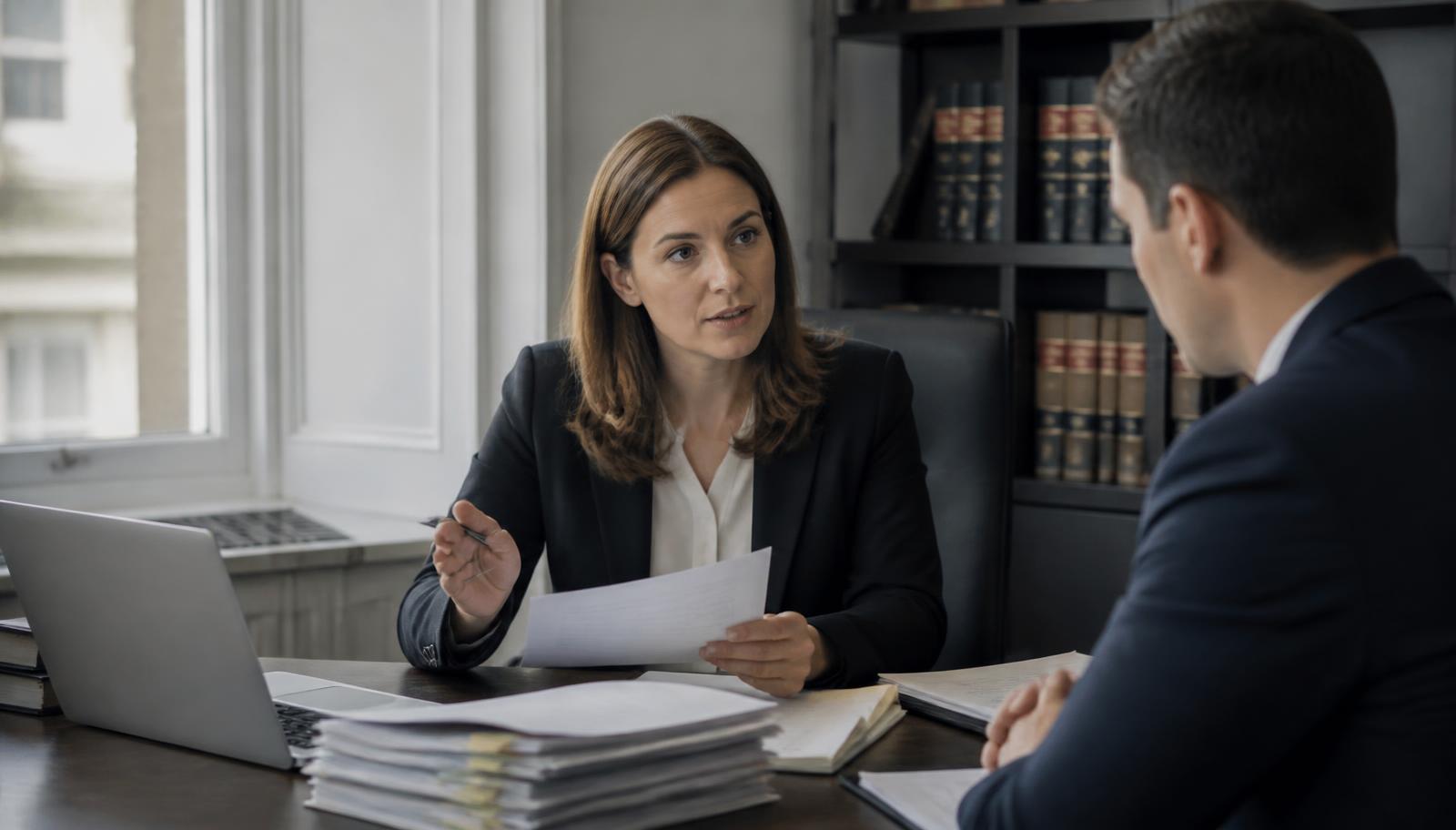 Solicitor reviewing a case brief before instructing a barrister at a law firm in England and Wales