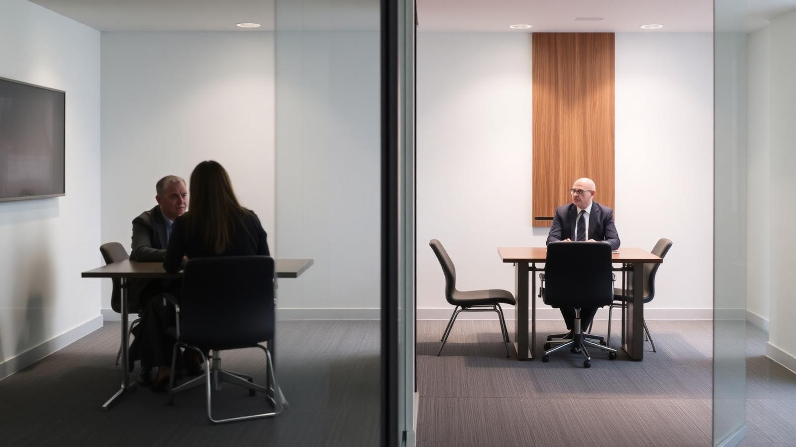 Two adjoining meeting rooms seen through glass, one set up for mediation and one for an arbitration hearing