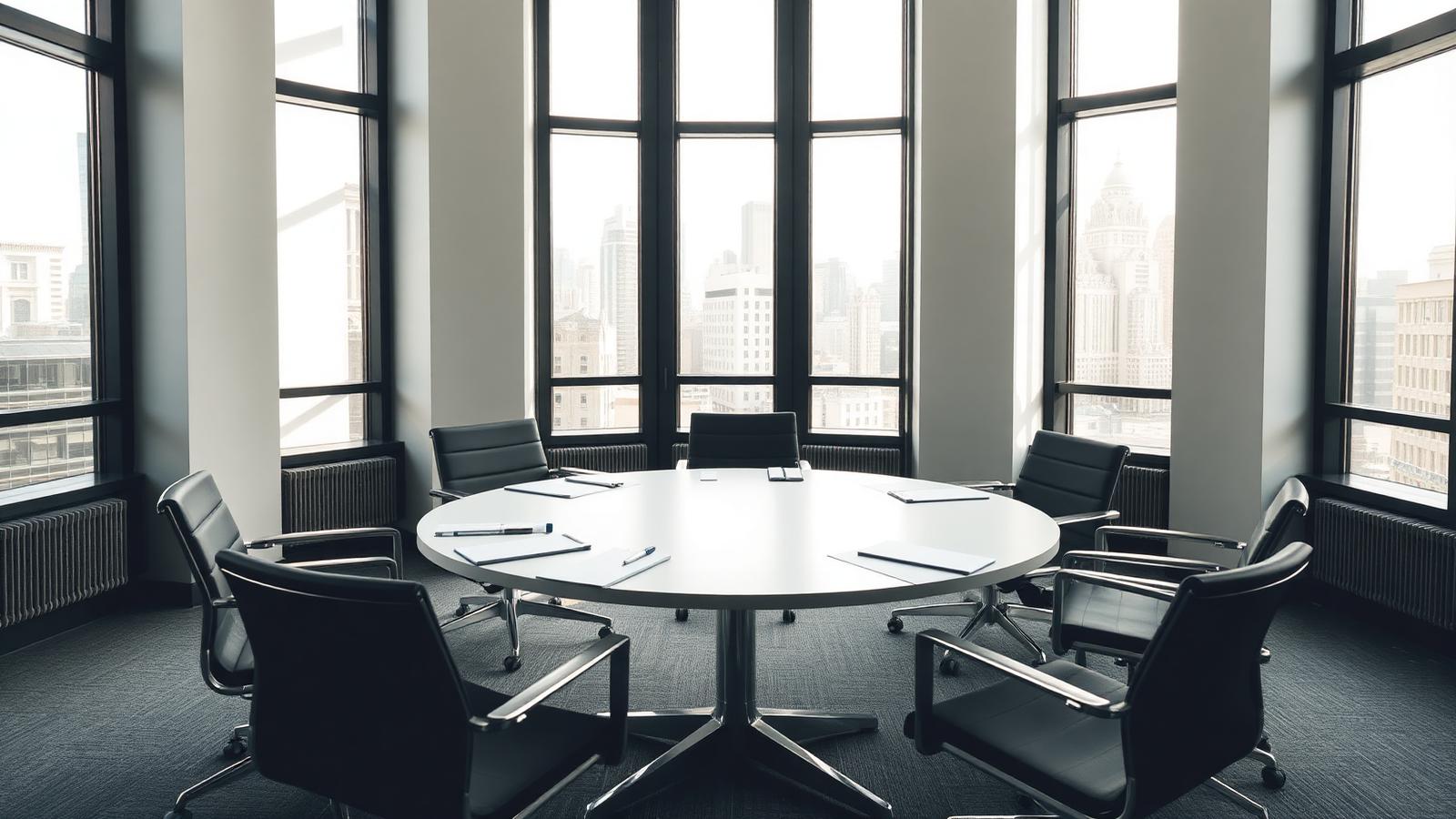 Round meeting table set up for an alternative dispute resolution session in a bright modern office