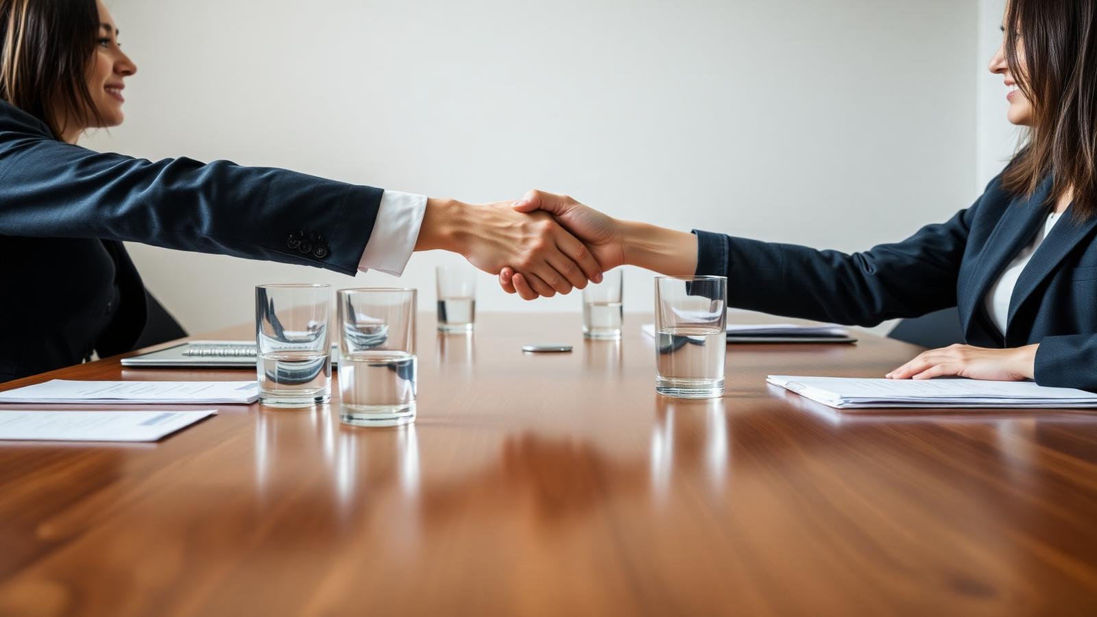 Two parties shaking hands across a meeting room table after resolving a dispute through alternative dispute resolution