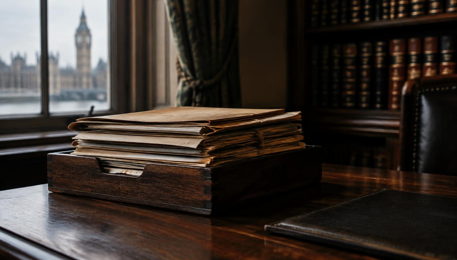 Old papers in a wooden filing tray in chambers