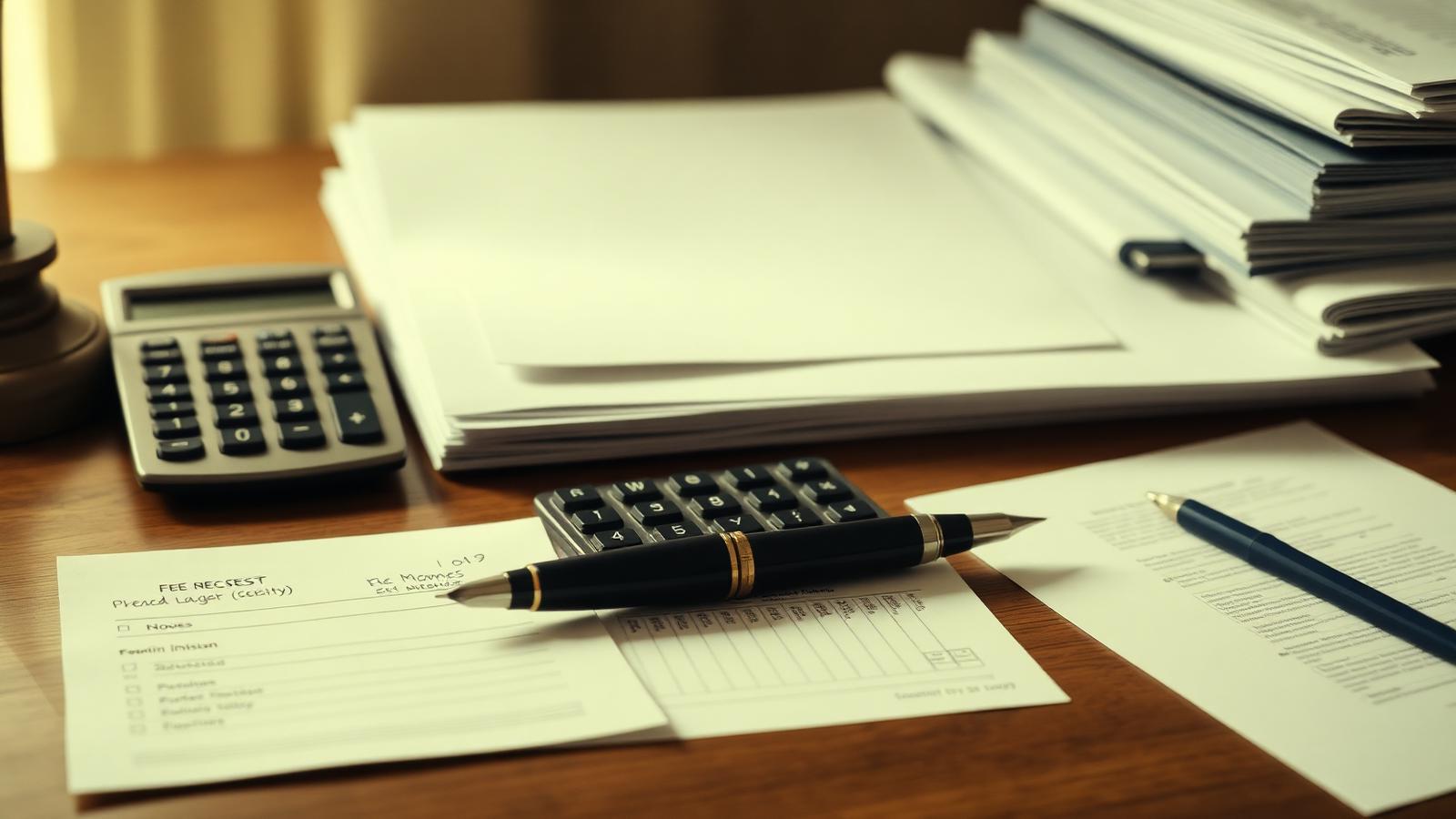 A desk with a fee note, calculator and law reports