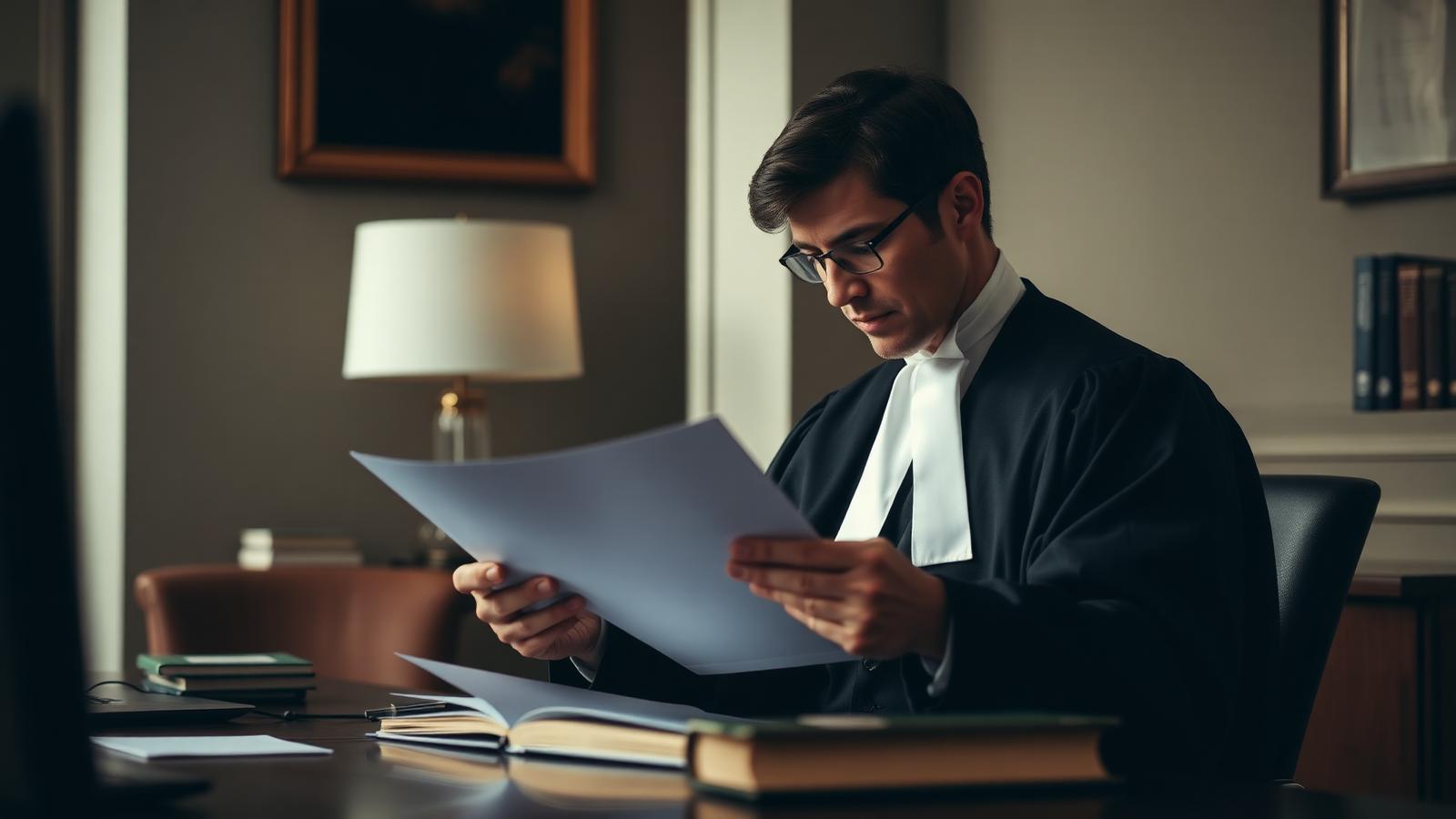 Barrister reviewing case papers at a desk