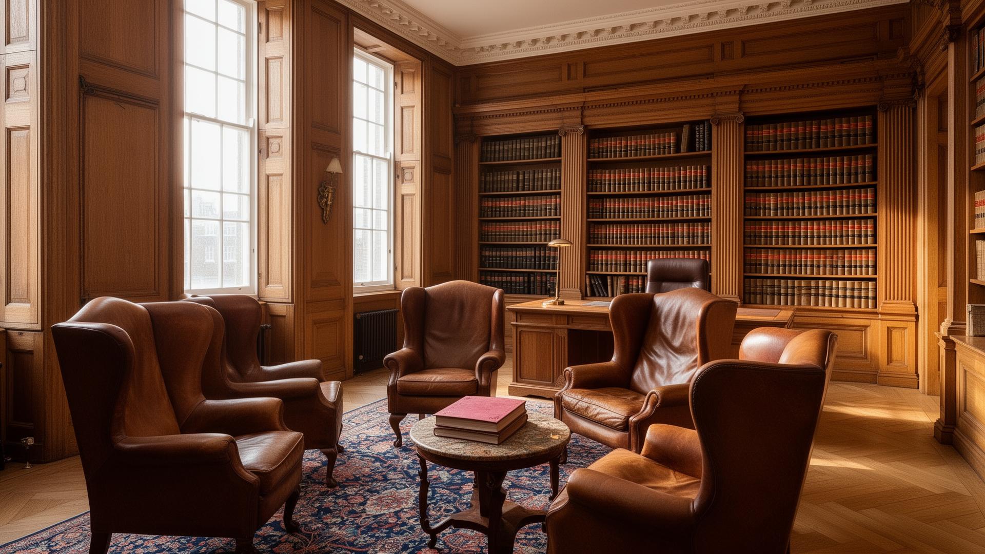 Interior of a Georgian London barristers chambers with leather chairs, oak panelling and law reports